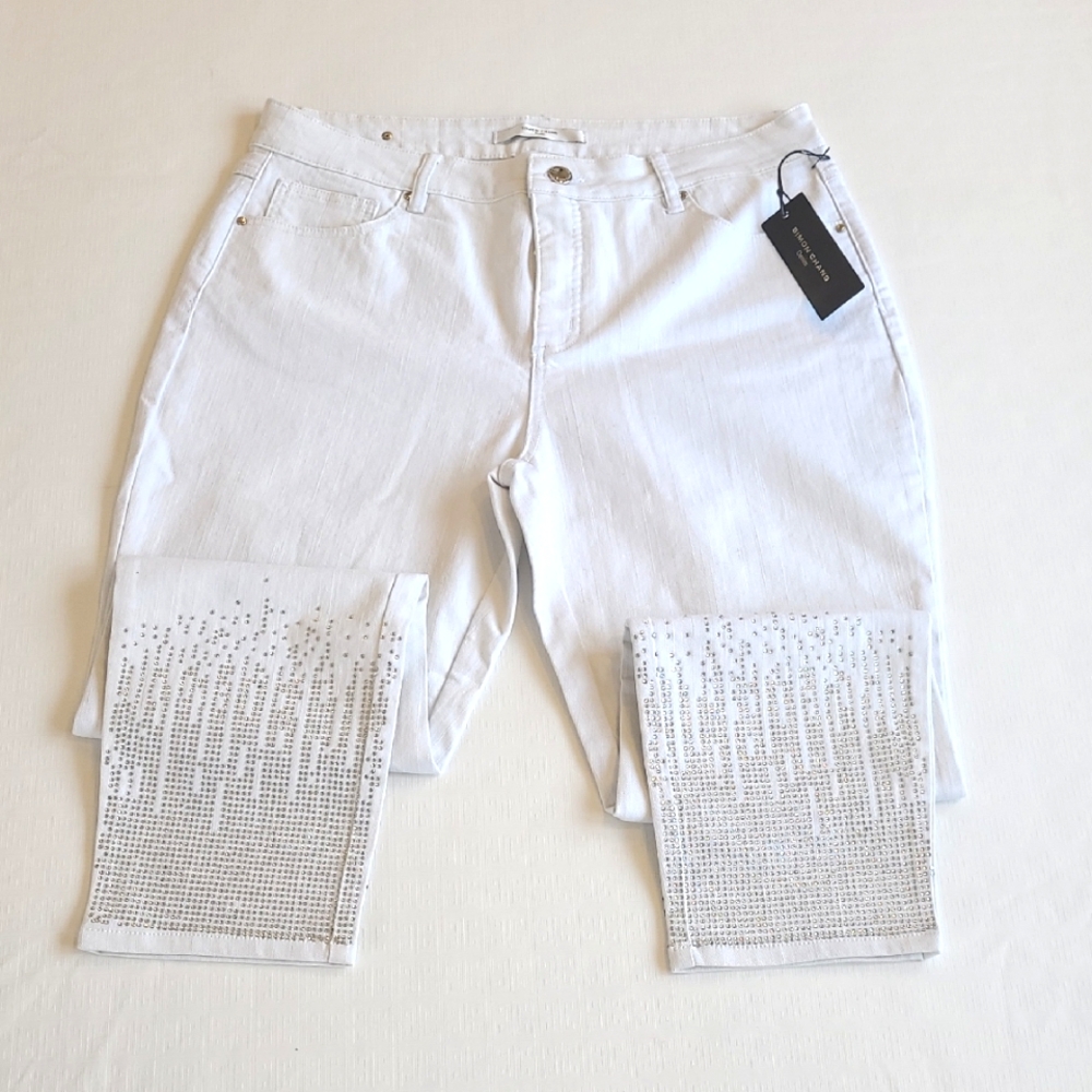 Simon Chang White Embellished Women's Jeans